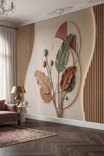 Dreamwall Dikey Ahşap Çıta, Aydınlatmalı Daire ve Yaprak Kabartma Görünümlü Tek Parça Tekstil Duvar Kağıdı  küçük görsel 1