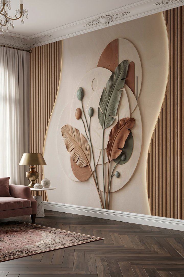 Dreamwall Dikey Ahşap Çıta, Aydınlatmalı Daire ve Yaprak Kabartma Görünümlü Tek Parça Tekstil Duvar...