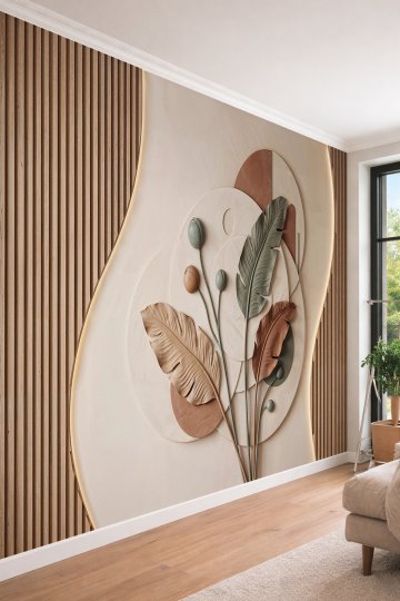 Dreamwall Dikey Ahşap Çıta, Aydınlatmalı Daire ve Yaprak Kabartma Görünümlü Tek Parça Tekstil Duvar Kağıdı  küçük görsel 2