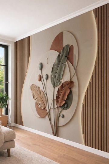 Dreamwall Dikey Ahşap Çıta, Aydınlatmalı Daire ve Yaprak Kabartma Görünümlü Tek Parça Tekstil Duvar Kağıdı  küçük görsel 3