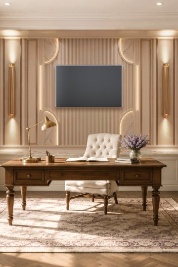 Dreamwall Dikey Ahşap Çıtalar, Kavisli Mermer Detaylar ve Aplik Desenli Tek Parça Tekstil Duvar Kağıdı  küçük görsel 2