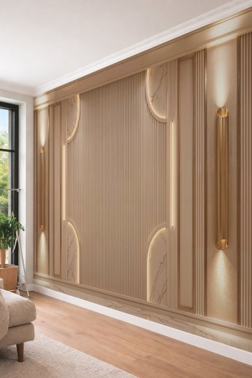 Dreamwall Dikey Ahşap Çıtalar, Kavisli Mermer Detaylar ve Aplik Desenli Tek Parça Tekstil Duvar Kağıdı  küçük görsel 3