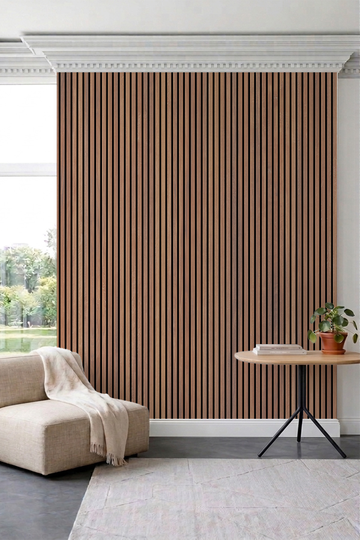 Dreamwall Dikey Ahşap Latalı Akustik Panel Desenli Tek Parça Tekstil Duvar Kağıdı görsel 1