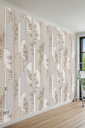 Dreamwall Dikey Kemerli Çizgiler, Bambu Dalları ve Geometrik Desenli Tek Parça Tekstil Duvar Kağıdı küçük görsel 2