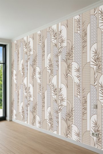 Dreamwall Dikey Kemerli Çizgiler, Bambu Dalları ve Geometrik Desenli Tek Parça Tekstil Duvar Kağıdı küçük görsel 3