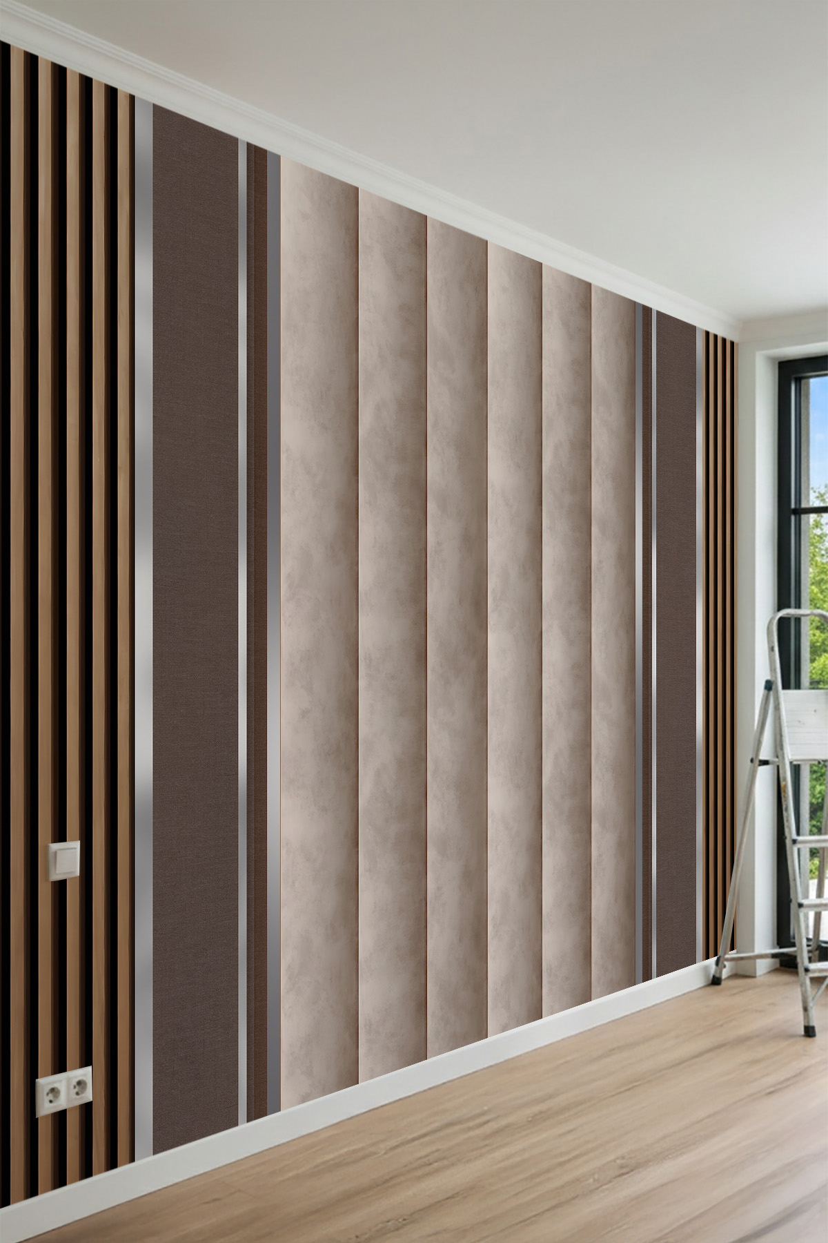 Dreamwall Dikey Panelli, Metalik Şeritli ve Ahşap Çıta Desenli Tek Parça Tekstil Duvar Kağıdı görsel 1