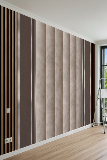 Dreamwall Dikey Panelli, Metalik Şeritli ve Ahşap Çıta Desenli Tek Parça Tekstil Duvar Kağıdı küçük görsel 2