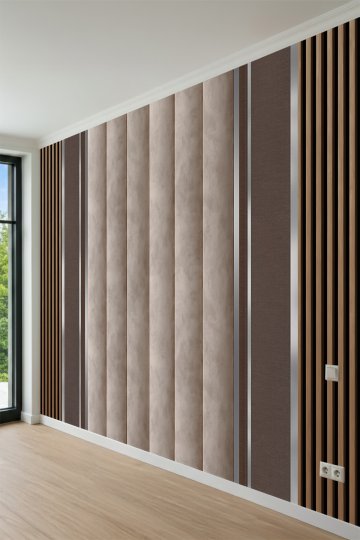 Dreamwall Dikey Panelli, Metalik Şeritli ve Ahşap Çıta Desenli Tek Parça Tekstil Duvar Kağıdı küçük görsel 3