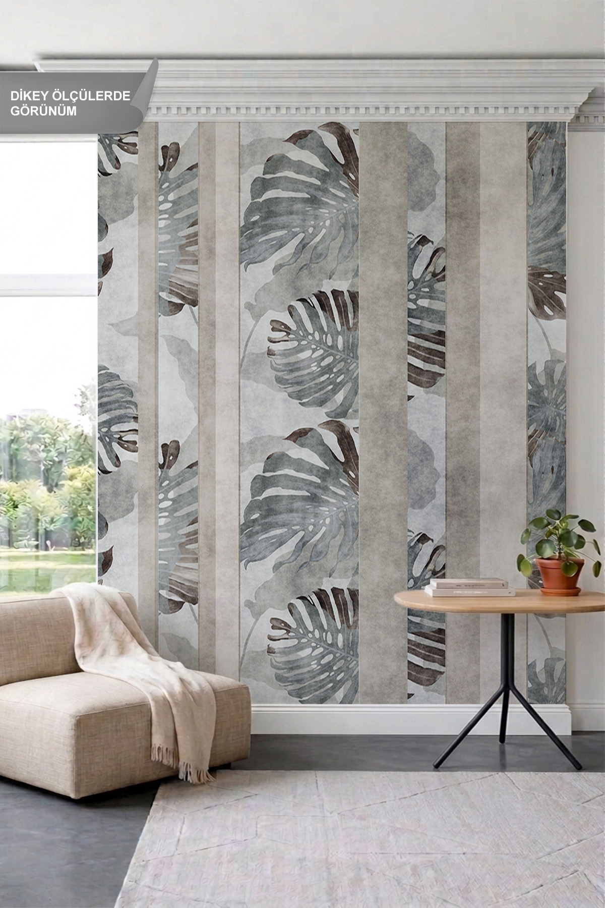 Dreamwall Dikey Şerit Paneller ve Monstera Yaprakları Motifli Tek Parça Tekstil Duvar Kağıdı görsel 1