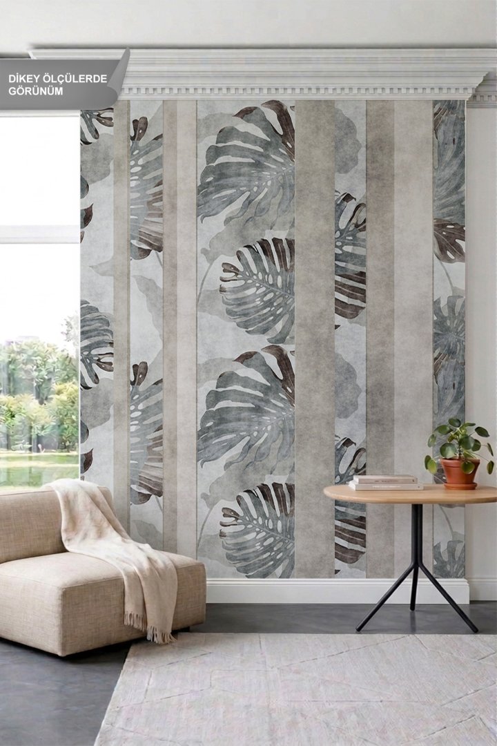 Dreamwall Dikey Şerit Paneller ve Monstera Yaprakları Motifli Tek Parça Tekstil Duvar Kağıdı