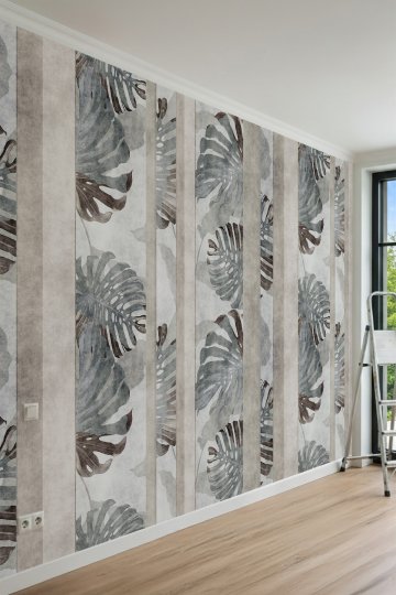 Dreamwall Dikey Şerit Paneller ve Monstera Yaprakları Motifli Tek Parça Tekstil Duvar Kağıdı küçük görsel 3