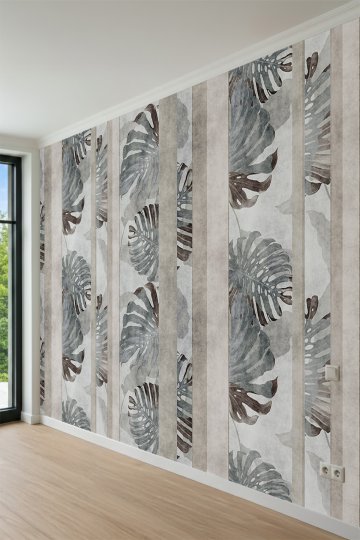 Dreamwall Dikey Şerit Paneller ve Monstera Yaprakları Motifli Tek Parça Tekstil Duvar Kağıdı küçük görsel 4