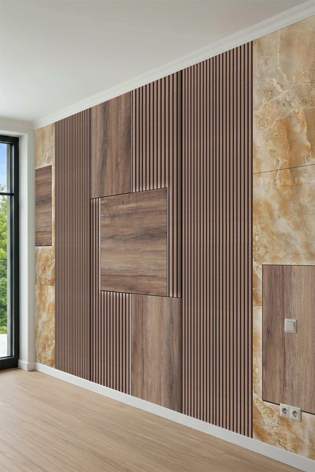Dreamwall Dinamik Ahşap Çıta ve Oniks Mermer Desenli Tek Parça Tekstil Duvar Kağıdı görsel 1