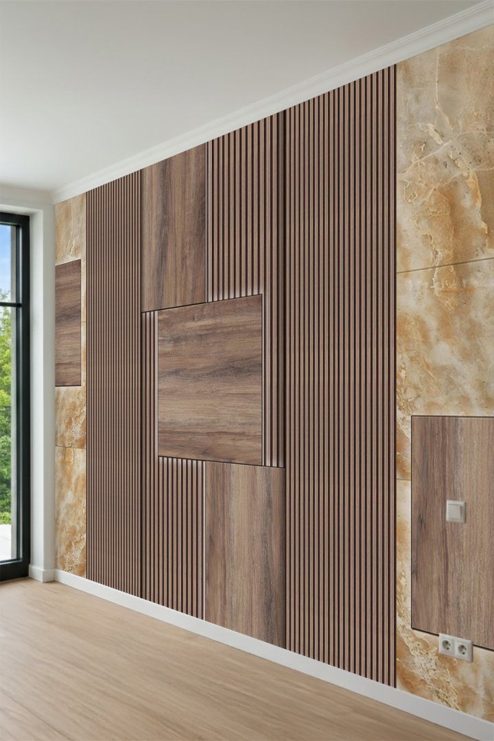 Dreamwall Dinamik Ahşap Çıta ve Oniks Mermer Desenli Tek Parça Tekstil Duvar Kağıdı