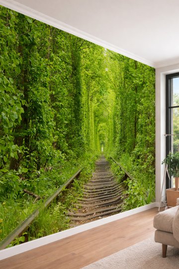 Dreamwall Doğa Orman Tüneli ve Nostaljik Tren Rayları Temalı Tek Parça Tekstil Duvar Kağıdı
