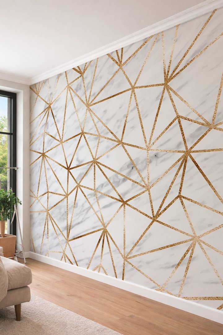 Dreamwall Doğal Mermer Görünümlü ve Altın Damar Detaylı Lüks Duvar Kağıdı 