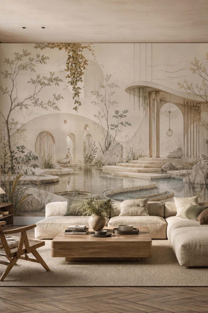 Dreamwall Doğu Bahçesi Pavilion Manzara Tekstil Duvar Kağıdı