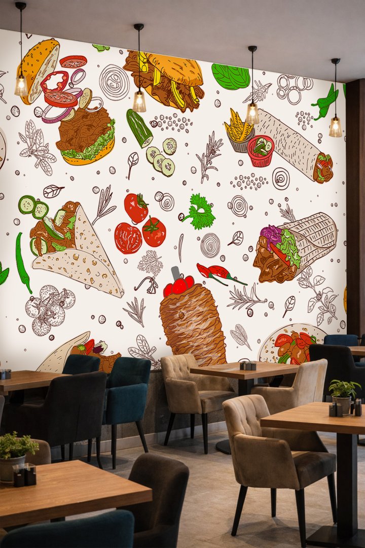 Dreamwall Döner, Dürüm ve Burger İllüstrasyonlu Restoran ve Kafe Tek Parça Tekstil Duvar Kağıdı