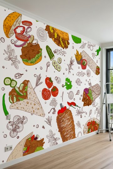 Dreamwall Döner, Dürüm ve Burger İllüstrasyonlu Restoran ve Kafe Tek Parça Tekstil Duvar Kağıdı küçük görsel 2