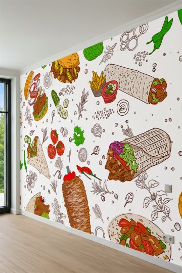 Dreamwall Döner, Dürüm ve Burger İllüstrasyonlu Restoran ve Kafe Tek Parça Tekstil Duvar Kağıdı küçük görsel 3