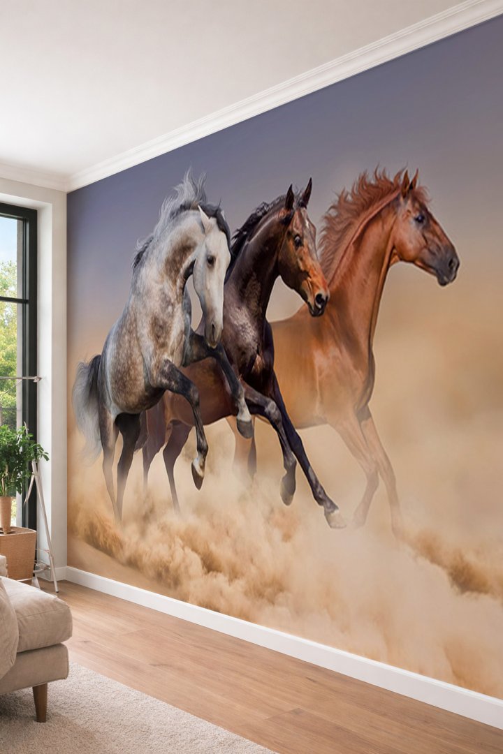 Dreamwall Dörtnala Koşan Atlar - Vahşi Doğa Temalı Tek Parça Tekstil Duvar Kağıdı