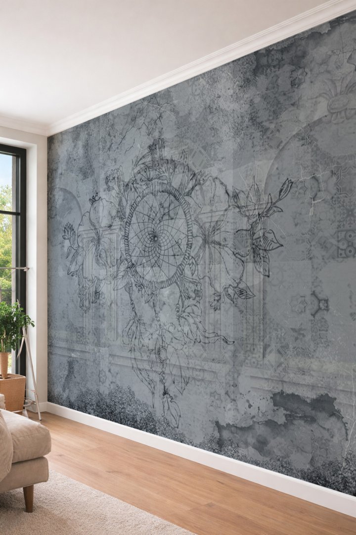 Dreamwall Düş Kapanı Dreamcatcher Desenli Eskitilmiş Beton Görünümlü Tekstil Duvar Kağıdı