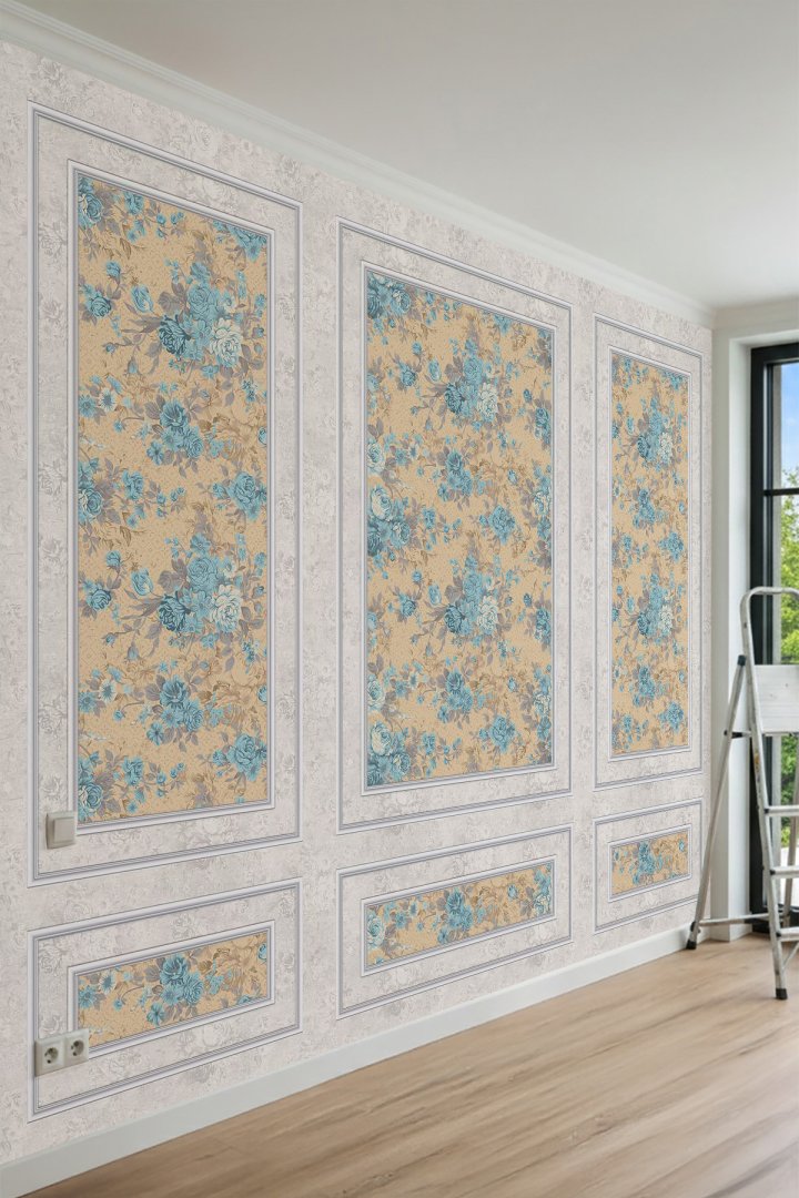 Dreamwall Duvar Çıtası Görünümlü, Floral Çiçek Desenli Klasik Salon Tekstil Duvar Kağıdı