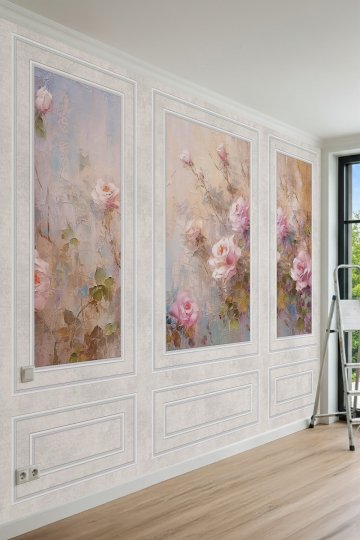 Dreamwall Duvar Çıtası Görünümlü, Gül Desenli Yağlı Boya Tablo Efektli Soft Tekstil Duvar Kağıdı