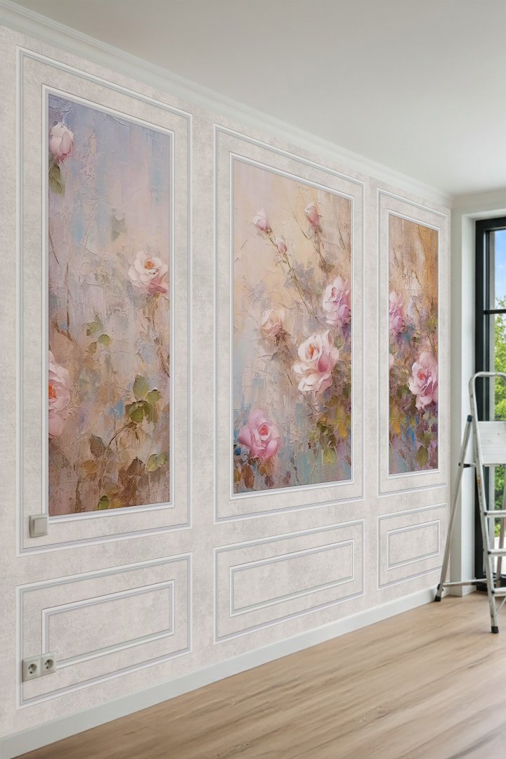 Dreamwall Duvar Çıtası Görünümlü, Gül Desenli Yağlı Boya Tablo Efektli Soft Tekstil Duvar Kağıdı
