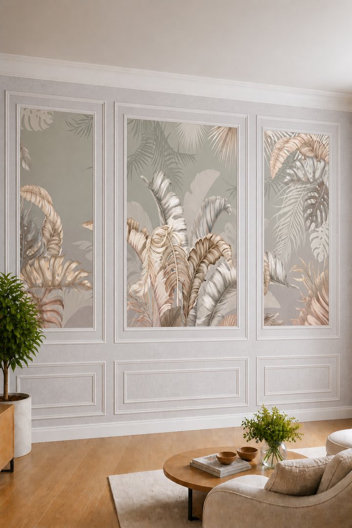 Dreamwall Duvar Çıtası Görünümlü, Tropikal Yaprak Desenli Modern Salon Tekstil Duvar Kağıdı 