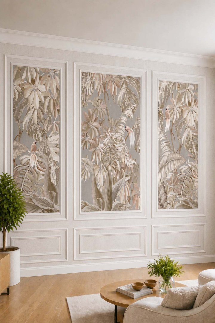 Dreamwall Duvar Çıtası Görünümlü, Tropikal Yaprak ve Kuş Figürlü Salon Tekstil Duvar Kağıdı