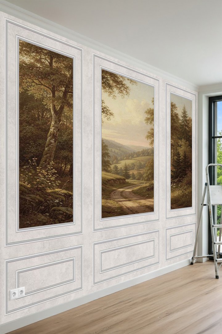 Dreamwall Duvar Çıtası ve Doğa Yolu Orman Temalı Klasik Yağlı Boya Efektli Tekstil Duvar Kağıdı