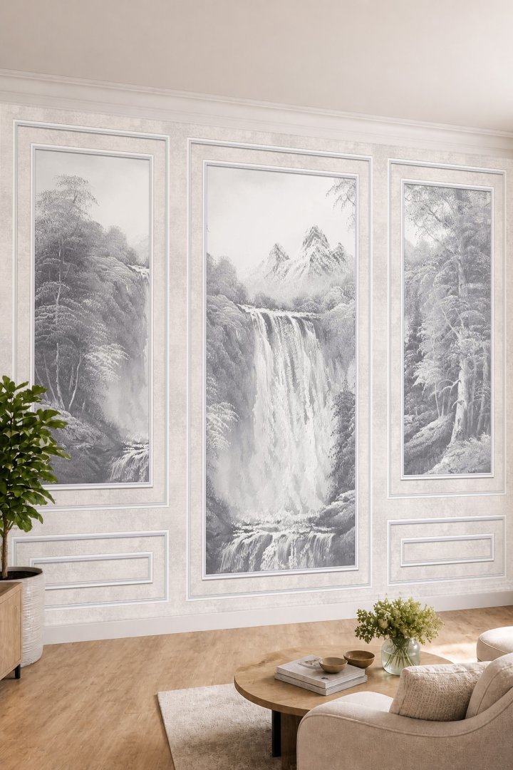 Dreamwall Duvar Çıtası ve Şelaleli Dağ Manzarası Desenli Tek Parça Tekstil Duvar Kağıdı