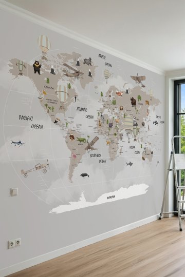Dreamwall Eğitici Dünya Haritası, Hayvan Figürleri ve Sıcak Hava Balonlu Tek Parça Tekstil Duvar Kağ...