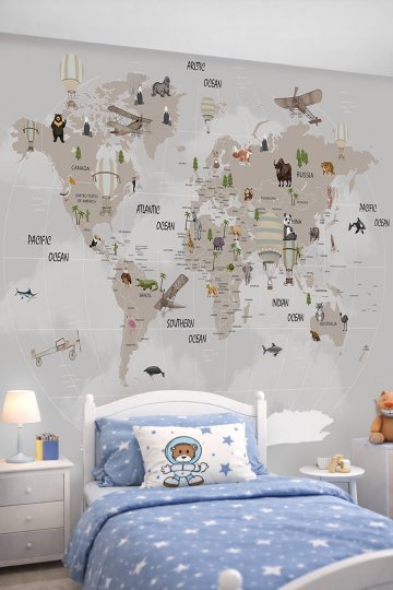 Dreamwall Eğitici Dünya Haritası, Hayvan Figürleri ve Sıcak Hava Balonlu Tek Parça Tekstil Duvar Kağıdı küçük görsel 2