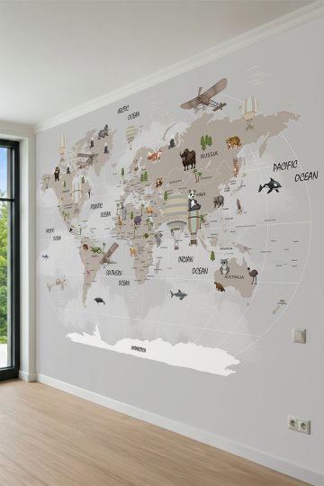 Dreamwall Eğitici Dünya Haritası, Hayvan Figürleri ve Sıcak Hava Balonlu Tek Parça Tekstil Duvar Kağıdı küçük görsel 3
