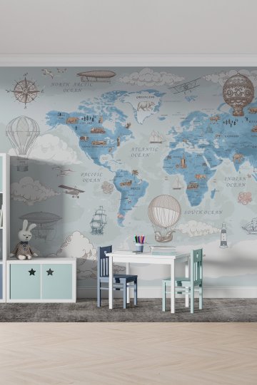 Dreamwall Eğitici Dünya Haritası Tek Parça Tekstil Duvar Kağıdı - Mavi Macera Serisi