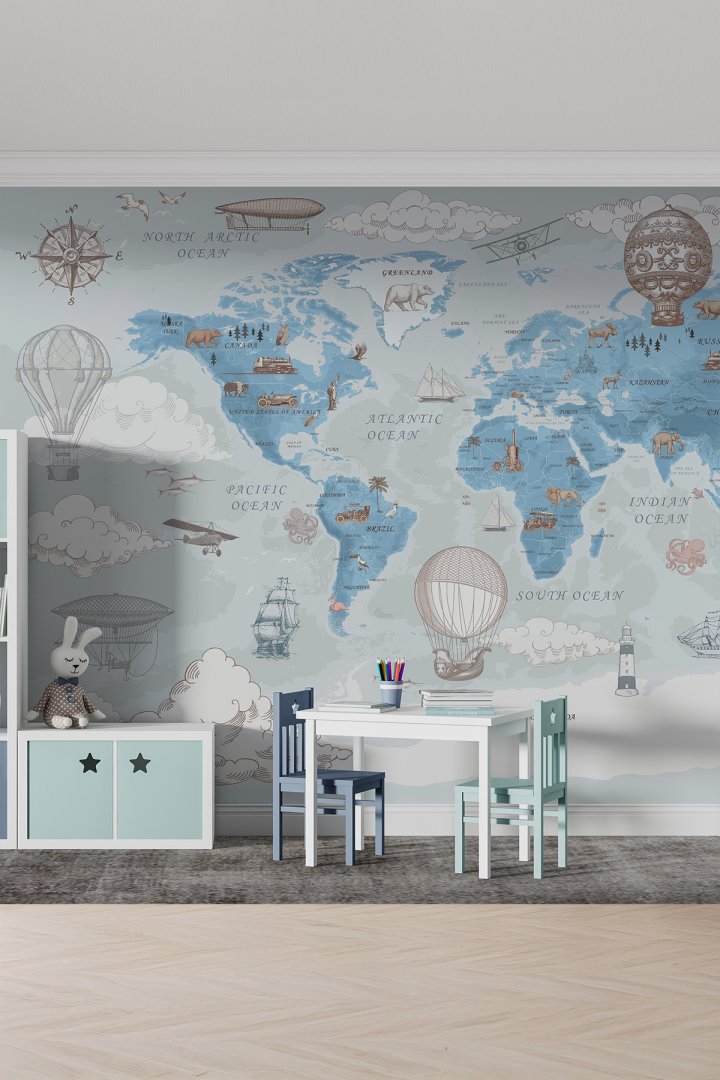 Dreamwall Eğitici Dünya Haritası Tek Parça Tekstil Duvar Kağıdı - Mavi Macera Serisi
