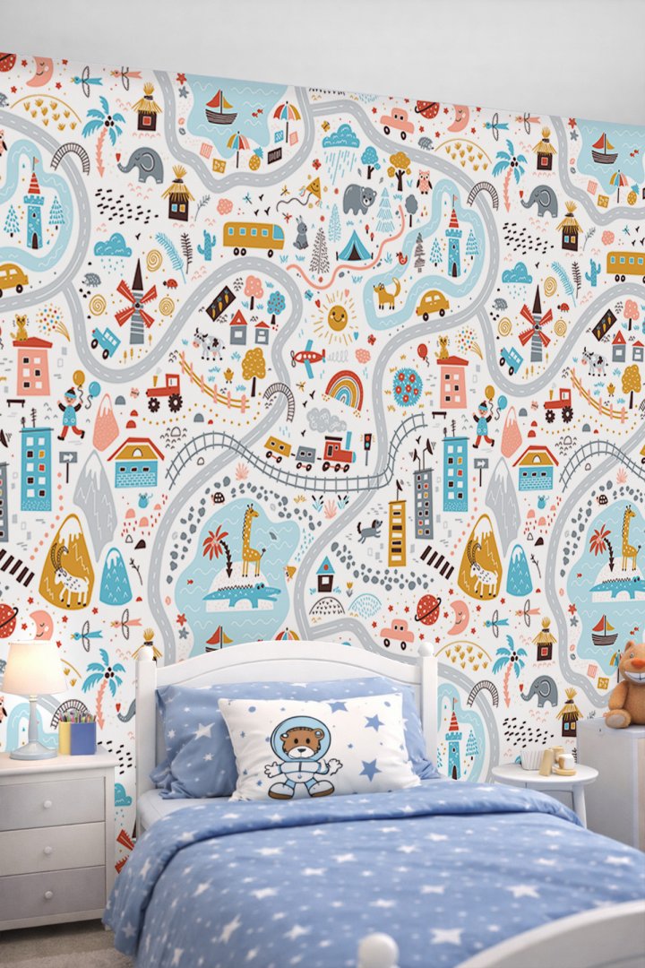 Dreamwall Eğlenceli Şehir Yolu ve Araçlar Tek Parça Tekstil Duvar Kağıdı - Çocuk Odası