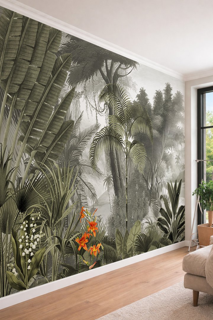 Dreamwall Egzotik Bitkiler ve Sisli Tropik Orman Desenli Tek Parça Tekstil Duvar Kağıdı