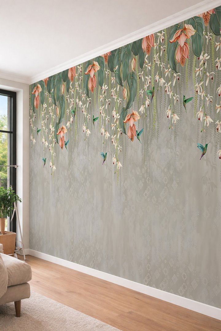 Dreamwall Egzotik Çiçekler, Sarmaşık ve Sinek Kuşu Figürlü Modern Tek Parça Tekstil Duvar Kağıdı