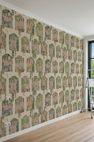 Dreamwall Egzotik Kemerli Pencereler ve Safari Hayvanları Tek Parça Tekstil Duvar Kağıdı