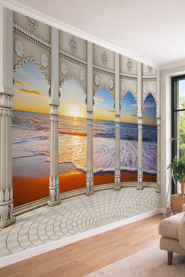 Dreamwall Egzotik Oymalı Kemerler ve Deniz Manzaralı Tek Parça Tekstil Duvar Kağıdı