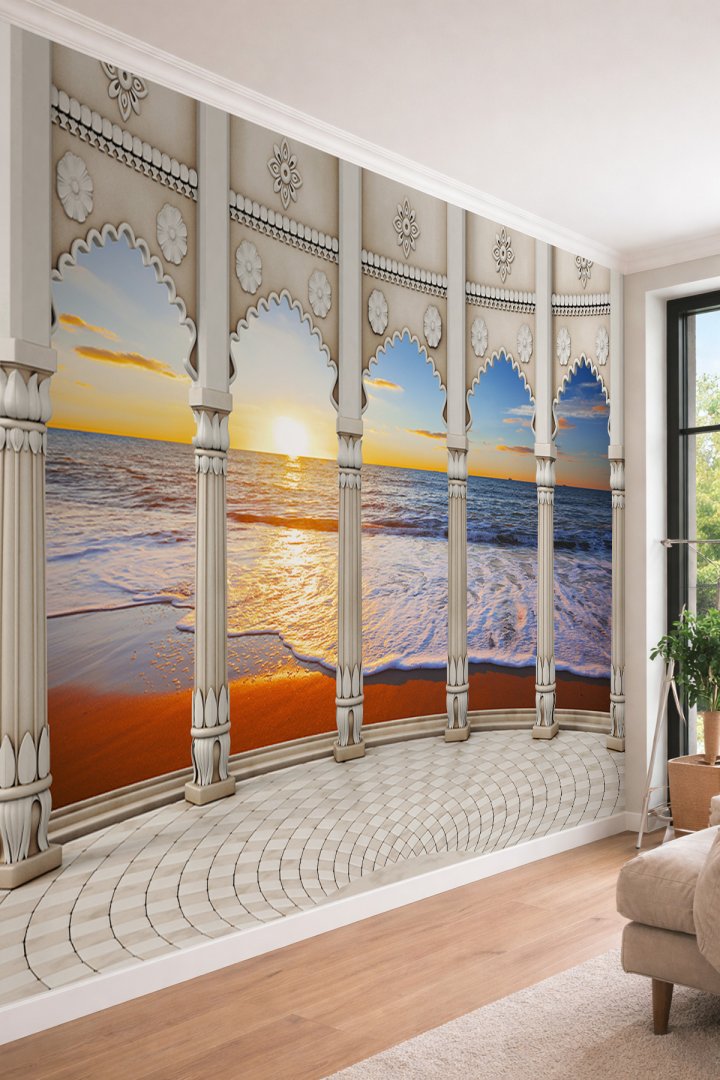 Dreamwall Egzotik Oymalı Kemerler ve Deniz Manzaralı Tek Parça Tekstil Duvar Kağıdı