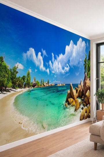Dreamwall Egzotik Sahil ve Granit Kayalıklar - Spa ve Cafe İçin Derinlikli Tek Parça Duvar Kağıdı