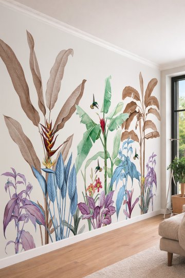 Dreamwall Egzotik Tropikal Bitkiler ve Kolibri Kuş Desenli Vintage Tek Parça Tekstil Duvar Kağıdı