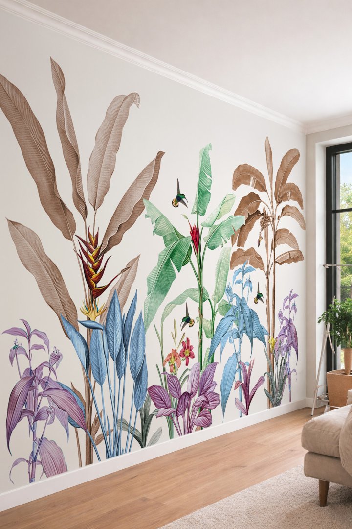 Dreamwall Egzotik Tropikal Bitkiler ve Kolibri Kuş Desenli Vintage Tek Parça Tekstil Duvar Kağıdı