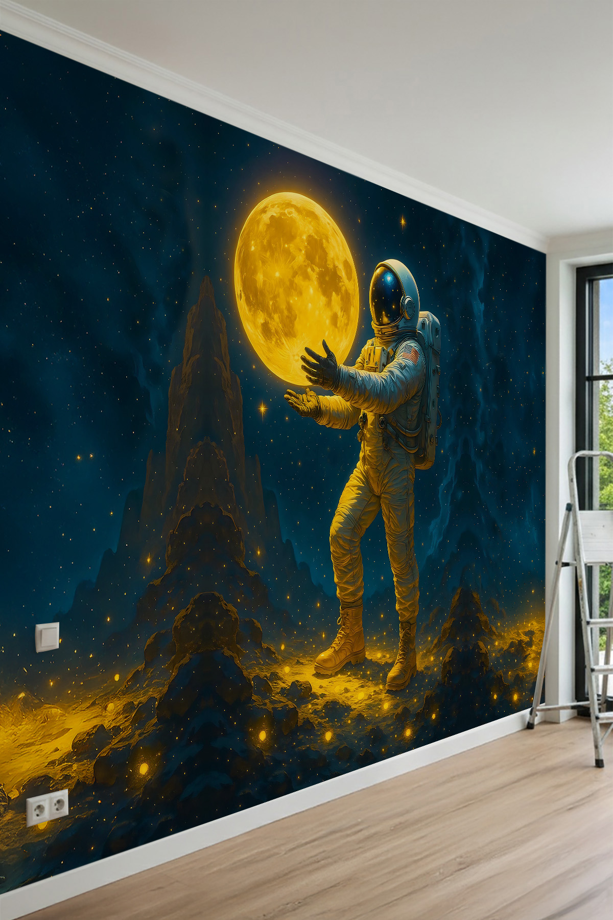 Dreamwall Ellerinde Parlayan Dolunay Tutan Astronot ve Uzay Motifli Tek Parça Tekstil Duvar Kağıdı görsel 1