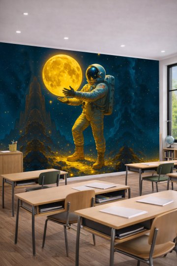 Dreamwall Ellerinde Parlayan Dolunay Tutan Astronot ve Uzay Motifli Tek Parça Tekstil Duvar Kağıdı küçük görsel 2