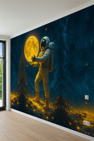 Dreamwall Ellerinde Parlayan Dolunay Tutan Astronot ve Uzay Motifli Tek Parça Tekstil Duvar Kağıdı küçük görsel 3